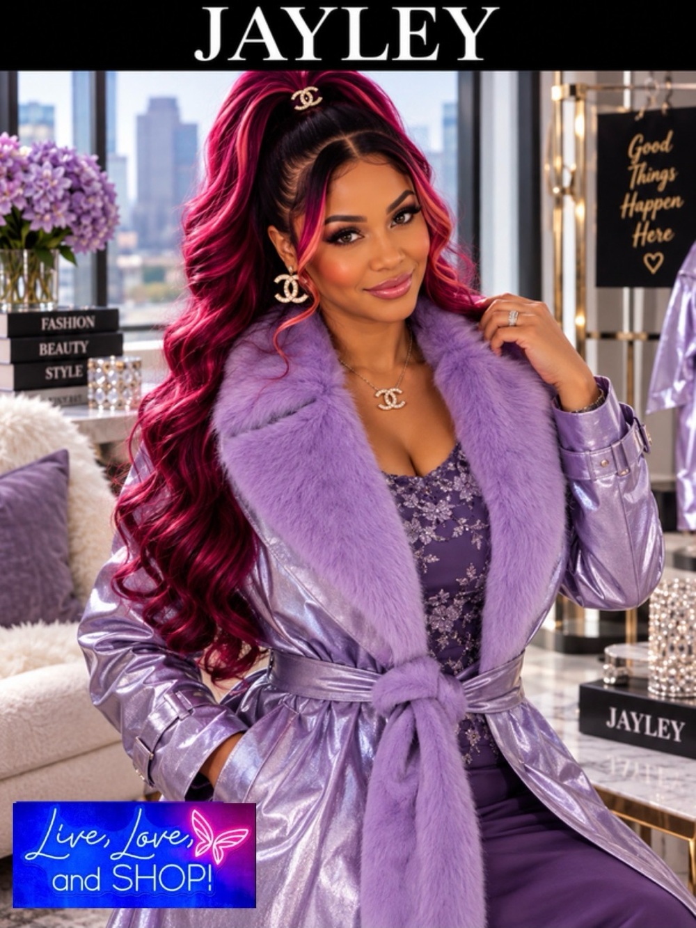 JAYLEY COAT: Lilac Faux Leather Metallic Maxi Trench w/Removable Faux Fur & Belt
